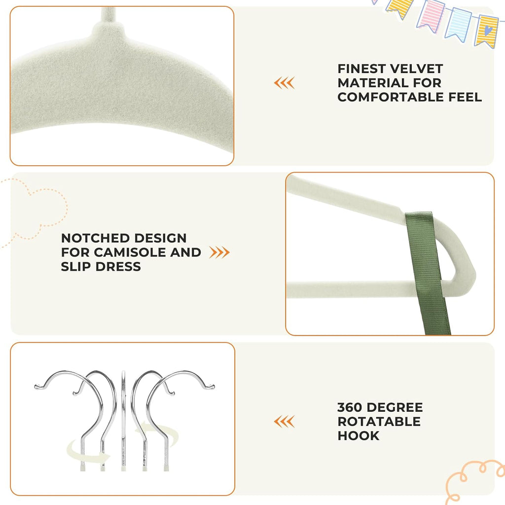 Babyrish Velvet Baby Hangers with 10x Clips and 8X Dividers (30 Pack) | 11” Ultra-Slim Baby Clothes Hangers | Non-Slip Felt | Space-Saving Nursery & Infant Closet Organizer | Beige