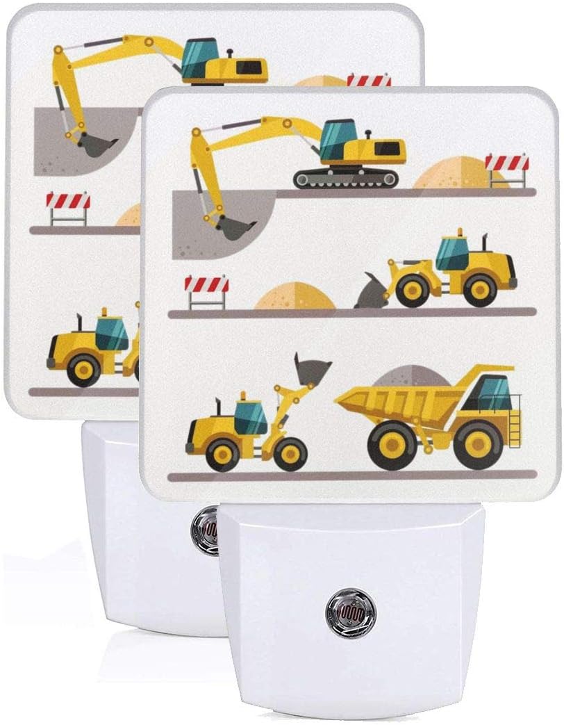 Set of 2 Led Night Lights Toy Cartoon Machinery Excavator Truck Auto Dusk-to-Dawn Sensor Night Lamp Plug-in Home Decorative for Adult