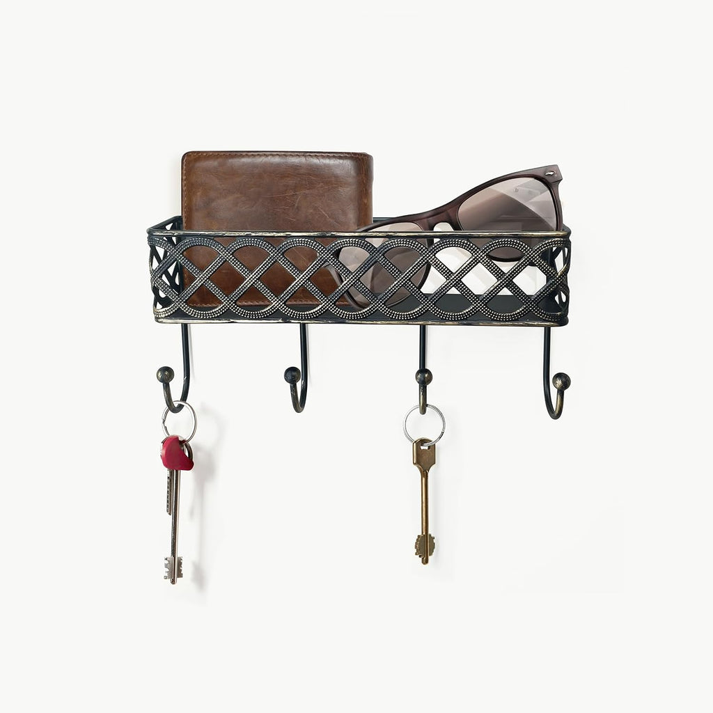 Celtic Knot Key Holder Wall Shelf - Entryway Wall Mounted Organizer with 4 Hooks, Metal Storage for Keys, Wallets, Bags, Hats (Antique Black)