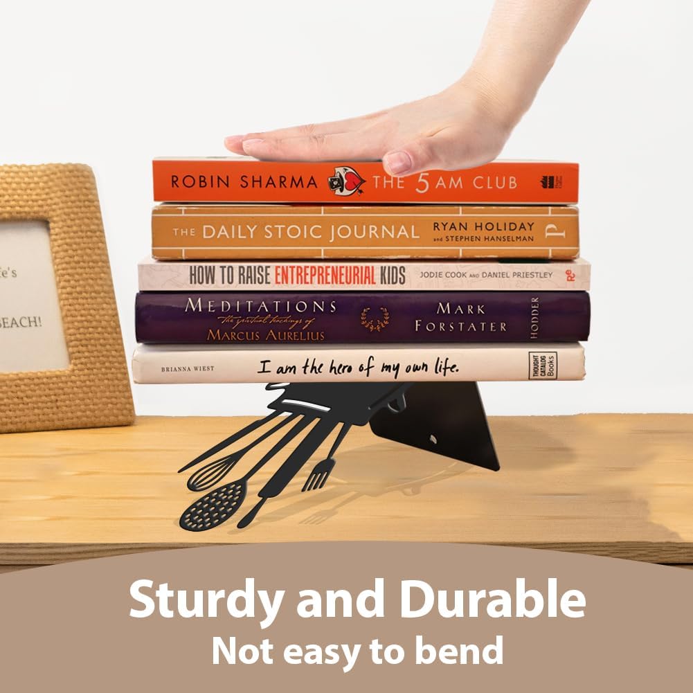 2pcs Large Kitchen Book Ends Spoon Decorative Cookbook Metal Bookends with Non-Slip Mat Cookbook Storage Books Stoppers Gift for Birthday(Black) Back to School