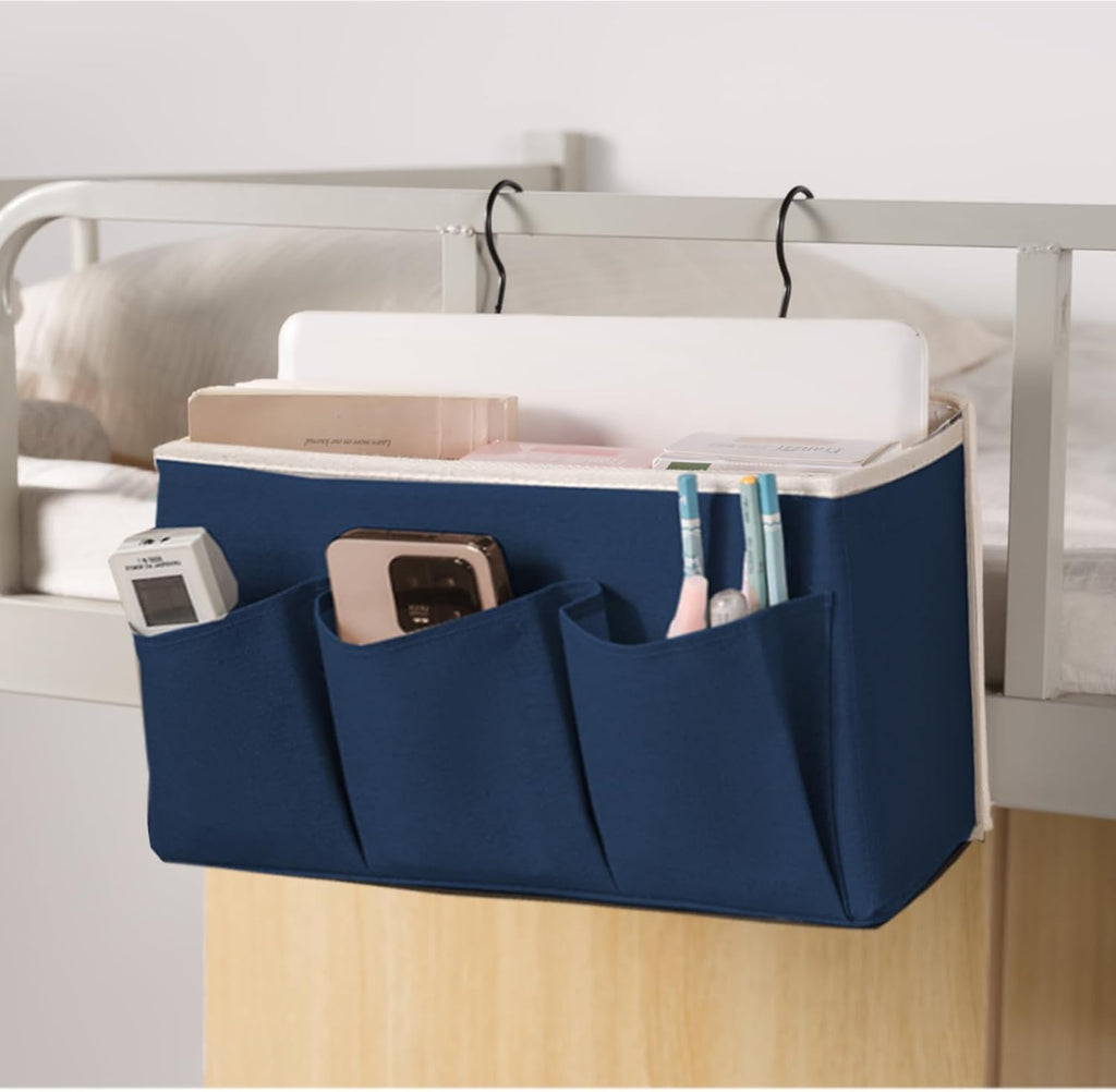 Bedside Caddy/Bedside Storage Organizer Hanging Bag with Three Options,Suitable for home beds, sofas, and dormitory beds—can hold magazines, books, phones, iPads, remote controls. (Navy Blue)