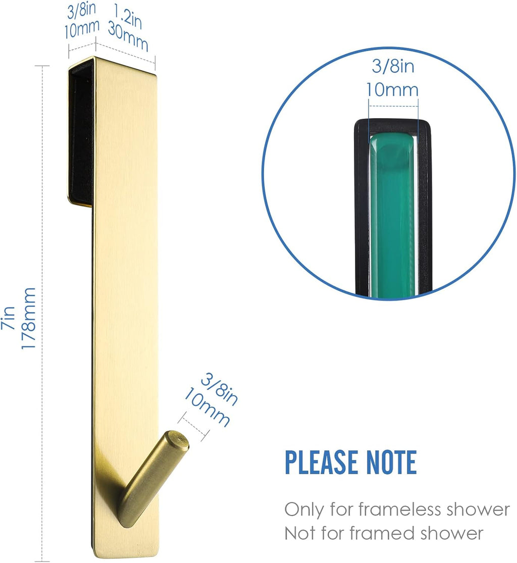 Simtive Extended Shower Door Hooks (7-Inch), Towel Hooks for Bathroom Frameless Glass Shower Door, 2-Pack, Gold