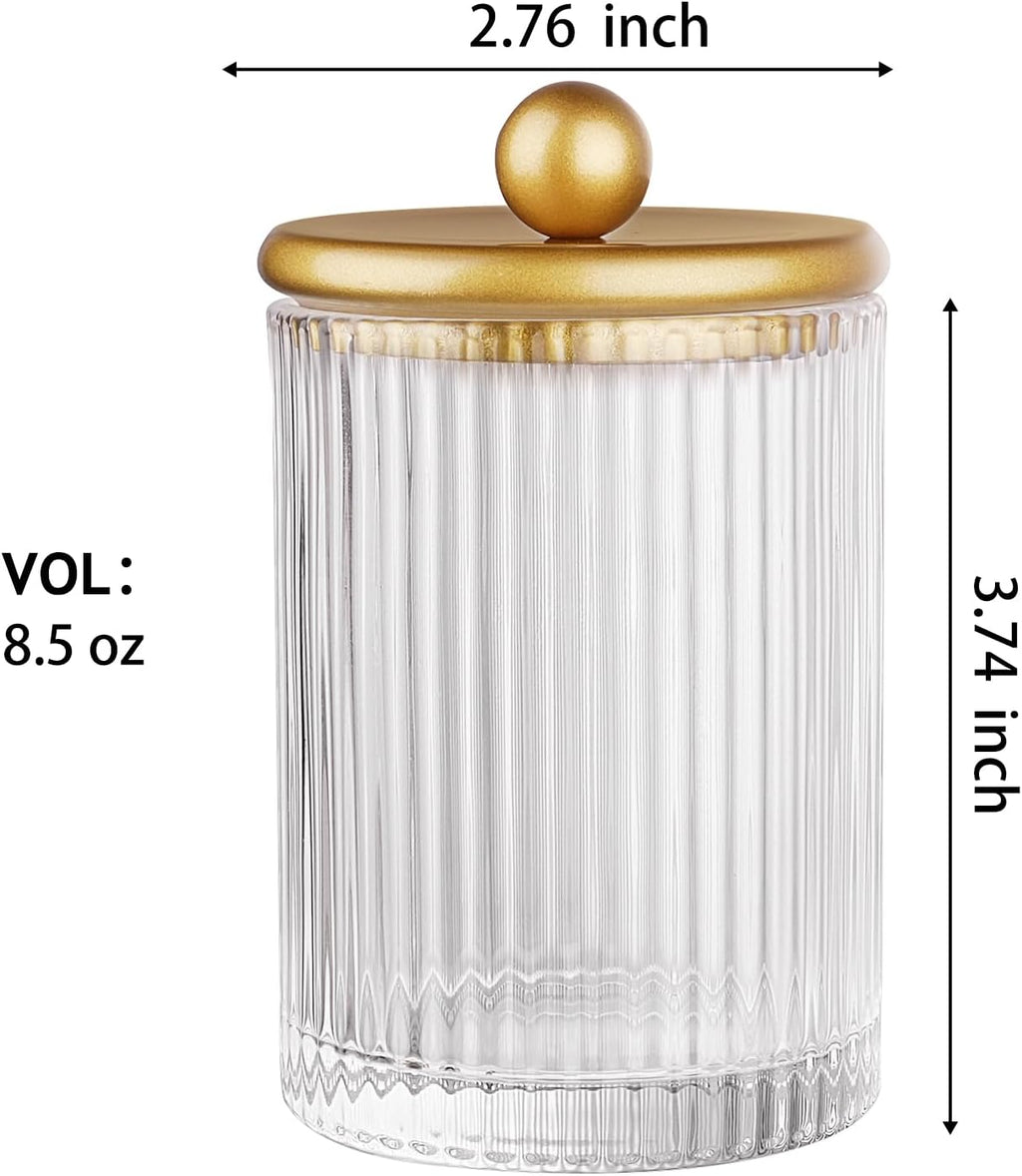 SheeChung 4 Pack Gold Ribbed Glass Qtip Holder with Metal Lids