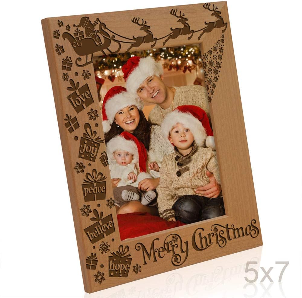 KATE POSH Merry Christmas Love Peace Joy Believe Hope, The Magic of Christmas Family Picture Frame. Santa, Reindeer and Sleigh Decor. Engraved Natural Wood Photo Frame (5x7-Vertical)