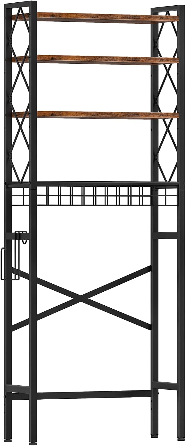 CHOEZON Over The Toilet Storage Rack, 4-Tier Bathroom Organizer Shelf, Over Toilet Storage with Wire Basket and Toilet Paper Holder, Adjustable Shelves, for Bathroom, Rustic Brown and Black TTS03BF