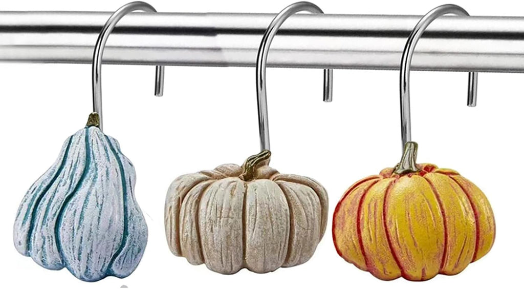 12PCS Fall Pumpkin Shower Curtain Hooks, Autumn Harvest Thanksgiving Decorative Shower Curtain Hooks, Metal Rustproof Shower Curtain Rings for Bathroom Décor