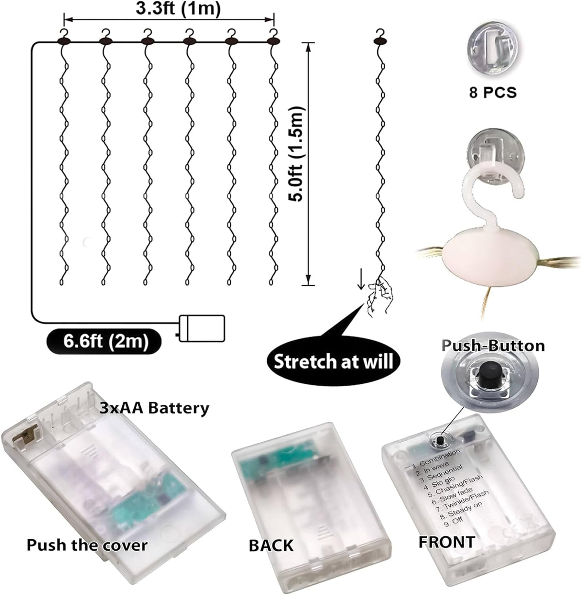 HXWEIYE Short Curtain Lights, 3.3x5FT 96LED, Battery Powered, Timer