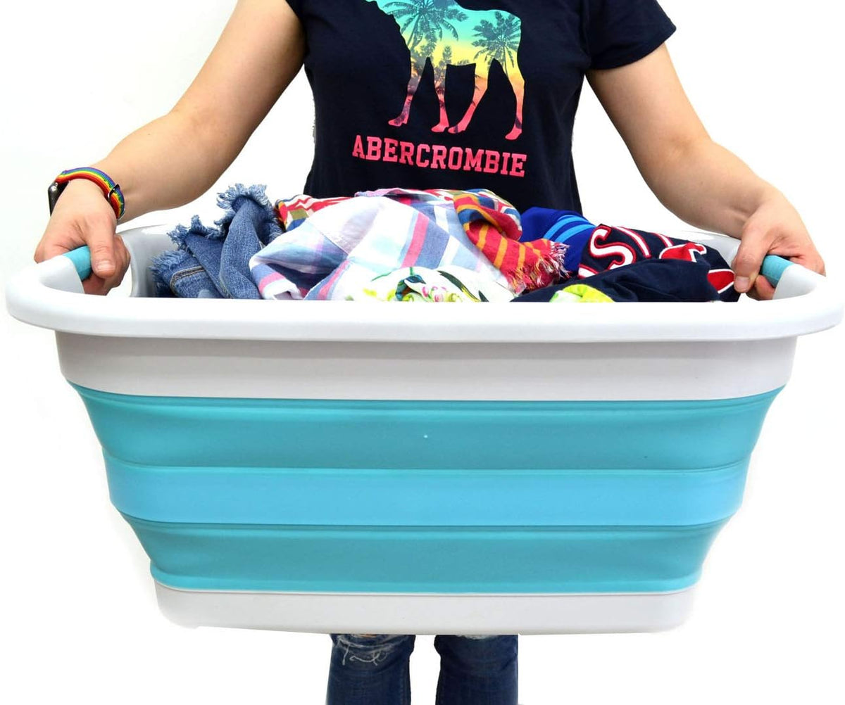 SAMMART 41L Collapsible Plastic Laundry Basket - Foldable Pop Up Storage Container/Organizer - Portable Washing Tub - Space Saving Hamper/Basket (1, Grey/Bright Blue)