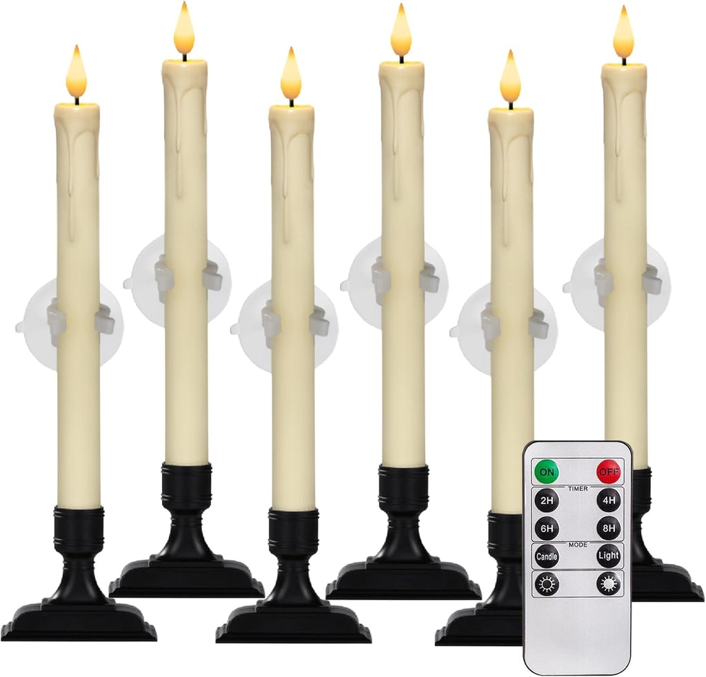 Homemory 6 Pcs Window Candles with Remote Timer Dimmer, Christmas Candles for Window Battery Operated, Ivory Flameless Taper Candle with Holders and Suctions, LED Candlesticks for Xmas Holiday Decor