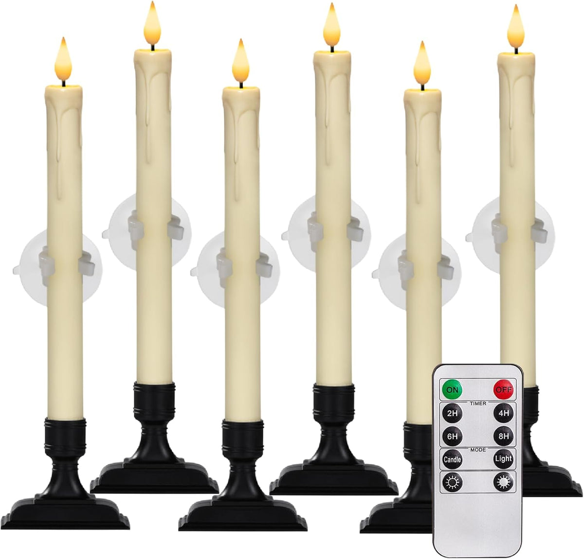 Homemory 6 Pcs Window Candles with Remote Timer Dimmer, Christmas Candles for Window Battery Operated, Ivory Flameless Taper Candle with Holders and Suctions, LED Candlesticks for Xmas Holiday Decor