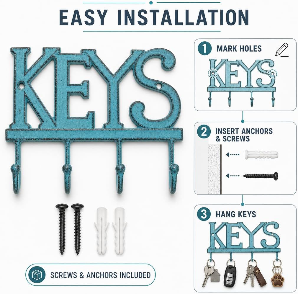 Comfify Rustic Blue Cast Iron Key Holder for Wall – Keys Sign with 4 Hooks