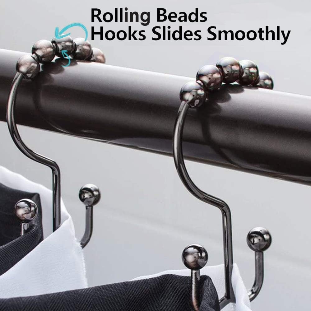 DAWNER Shower Curtain Hooks Rings, Rust Proof Hooks, Metal Easy Glide Double Shower Rings Hooks, Stainless Steel Shower Curtain Hangers for Bathroom Shower Curtains, Set of 12 Hooks, Brushed Bronze