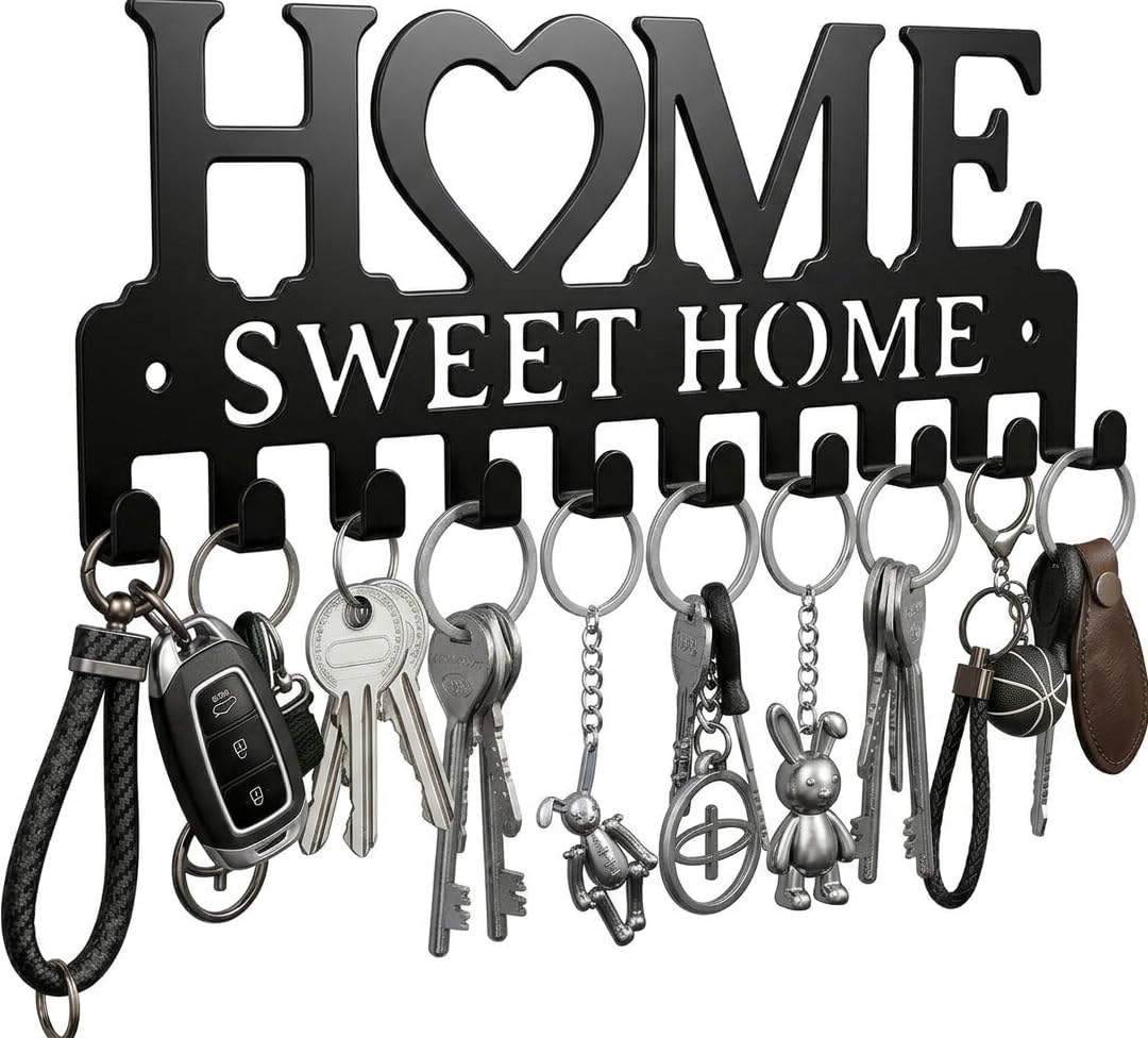 Key Holder Hooks Organizer Hanger Rack Wall Mounted Sweet Home Metal Decor Stylish and Practical for Entryway Front Door Kitchen Hallway Garage Mudroom Office Hardward Included Black (Sweet 10 Hooks)