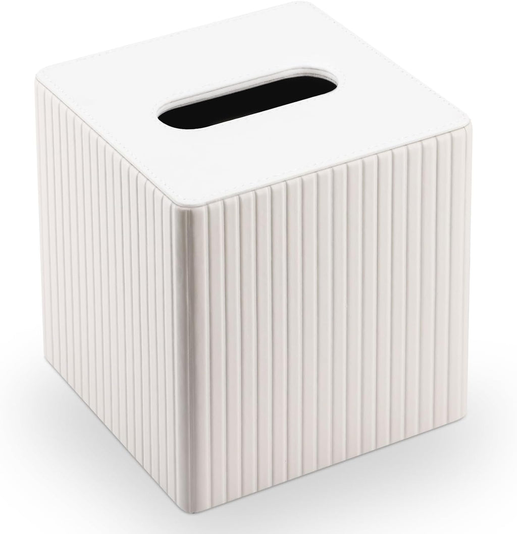 KINGFOM Square Pu Leather Tissue Box Cover, Modern Facial Tissue Holder, Roll Tissues Paper Case Dispenser for Bathroom Vanity Countertop, Night Stands, Office Desk (Off-White Strips)