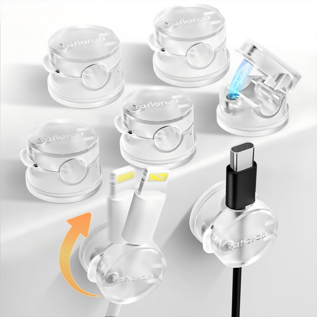 Magnetic Cord Holder for Desk & Nightstand, 7-Pack 360° Rotatable Cable Clips Organizer - Strong Adhesive Fits 8mm Lots for Phone Charger Cords & Wires, Clear