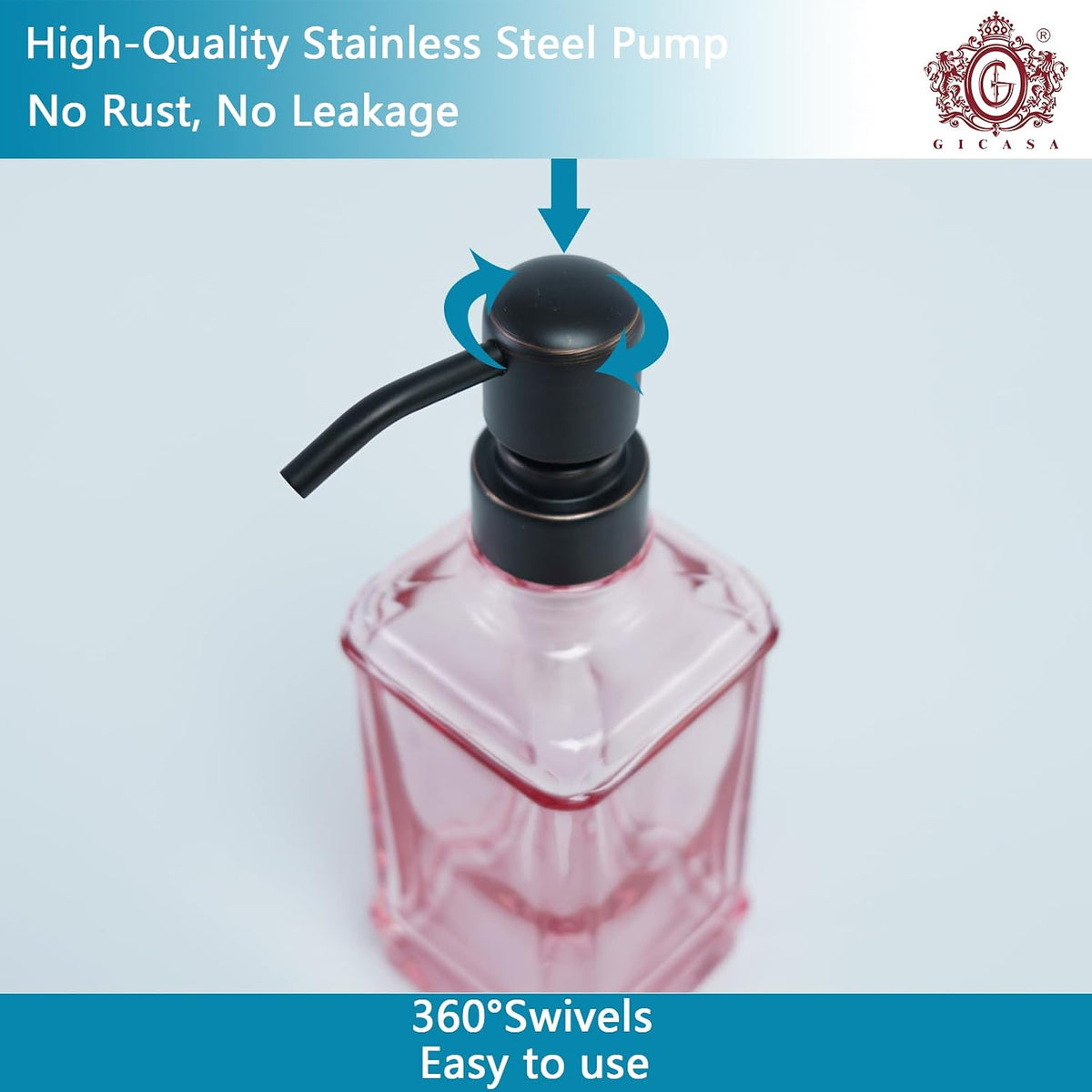 Soap Dispenser，10 Oz Antique Design Thick Glass Hand Soap Dispensers; with 304 Rust Proof Stainless Steel Pump, 6Pcs Stickers, for Kitchen,Bathroom, Pink+Oil Rubbed Bronze