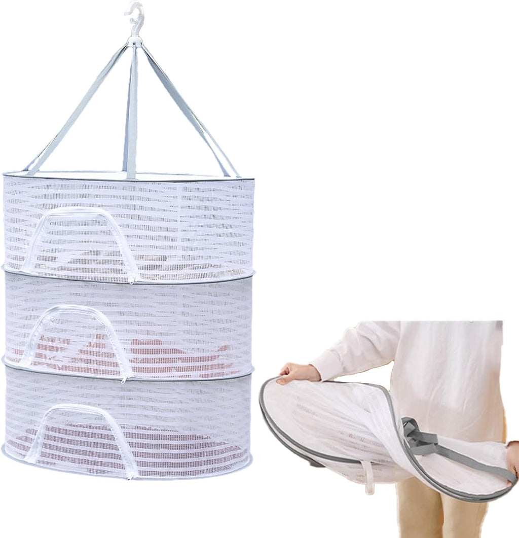 Herb Drying Rack, 3 Layer Foldable Hanging Mesh Net with Zipper, Collapsible Food Drying Fish Hanging Basket Dryer Net for Buds, Fruits, Vegetables, Herbs, Fish, Clothes, Doll(Size:M)