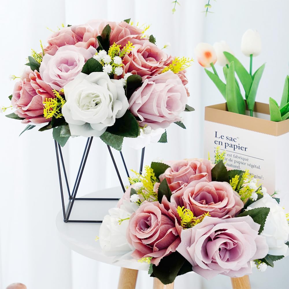 10Pcs Artificial Rose Balls for Centerpieces (Dusty Pink & White)
