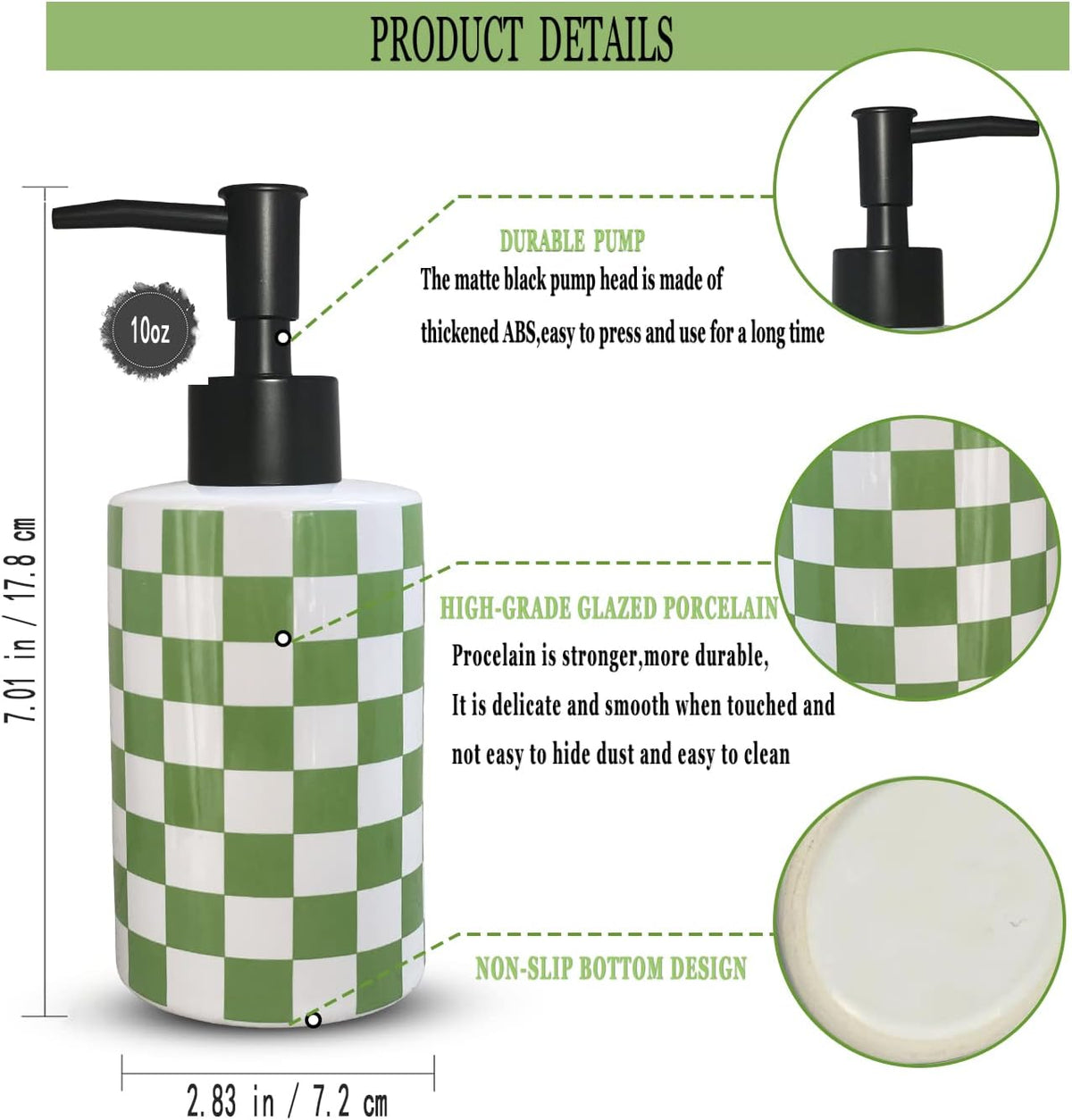 Bathroom Soap Dispenser with Matte Black Pump White Ceramic Soap Dispenser for Kitchen Checkerboard Empty Pump Bottle (Green)