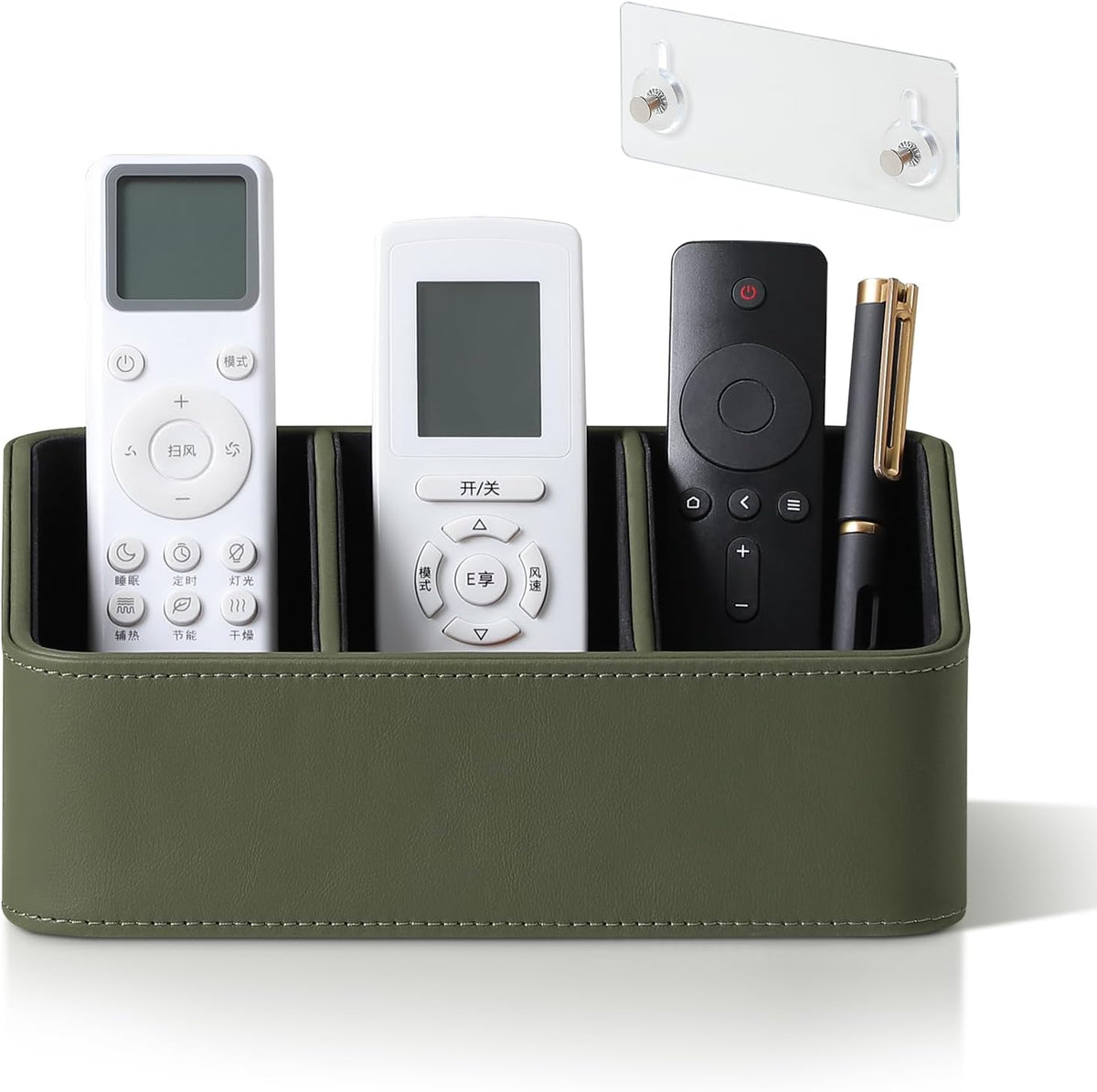 Hole-Free Wall-Mounted PU Leather Remote Control Holder, 3-Compartment Desktop Organizer, Perfect for Living Room, Bedroom, TV Side, Bathroom and More (Green)