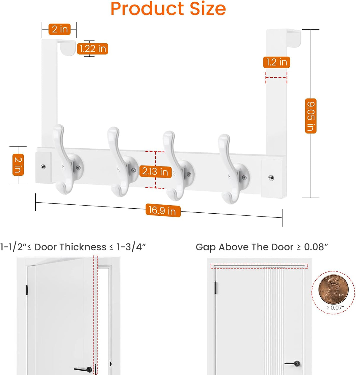Homode Over The Door Hooks Heavy Duty, Wood Over Door Hanger Hook, Over Door Towel Rack with Coat Hooks for Hanging Towels Clothes Hats Bags, Back of Bathroom Door, White