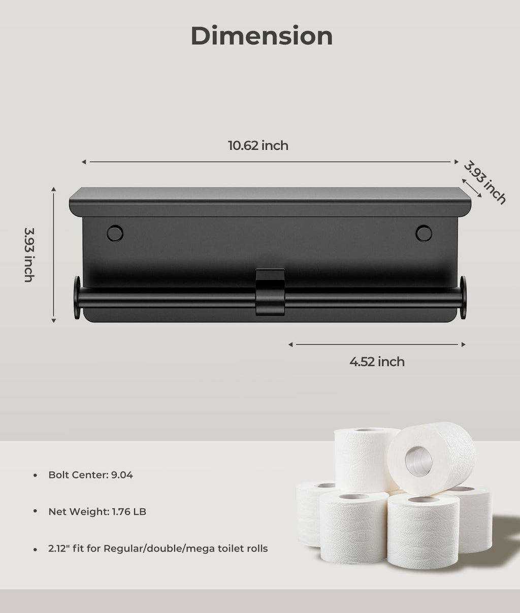 Double Toilet Paper Holder with Shelf, Wall Mount Tissue Roll Holder for Bathroom, 304 Stainless Steel Commercial Toilet Paper Dispenser with Phone Shelf, Matte Black