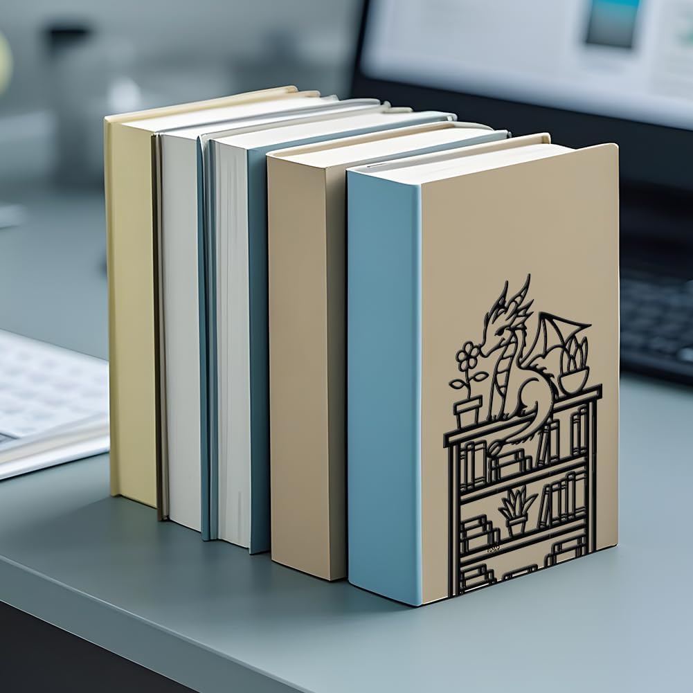 WADORN Dragon Reading Book Metal Bookends for Shelves Decorative 1 Pair, Heavy Duty Books End Support Non-Skid Book Holder Black L-Shaped Book Stopper for Home Office Desk Book Divider, 4.7x3.5x7 Inch