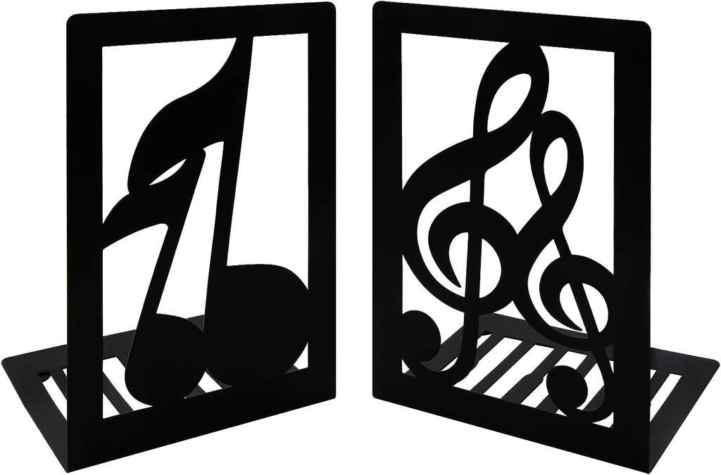 1 Pair Black Book Ends Musical Note Modern Bookends for Shelves,Metal Music Themed Book Holder Journal Book Organizer CD Holder Office Home Decorative Bookends for Back to School Student Kids Gift