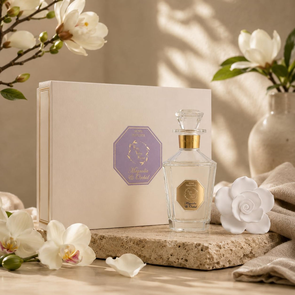 Reed Diffuser Set, Pretty Valley Home Diffuser Rose Petals Gypsum White Flower Oil 100Ml / 3.38fl OZ Gift Box for Bathroom Office Bathroom Living Room Decor (Magnolia & Orchid)