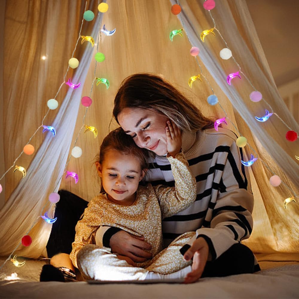 Colroful Moon Lights with Pom Poms Bedroom Decor Twinkle Lights