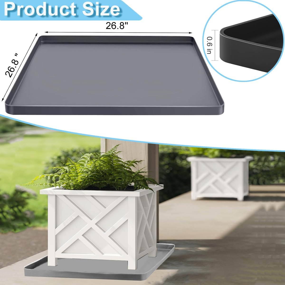 Outdoor Planter Boxes Mat Flower Pots Mat 26.8x26.8" Large, Plant Pots Silicone Pad with Raised Edge, Patio Planters Drip Pan Plant Tray Tray For Leaks, Planter Floor Protector Planters Tray Soft