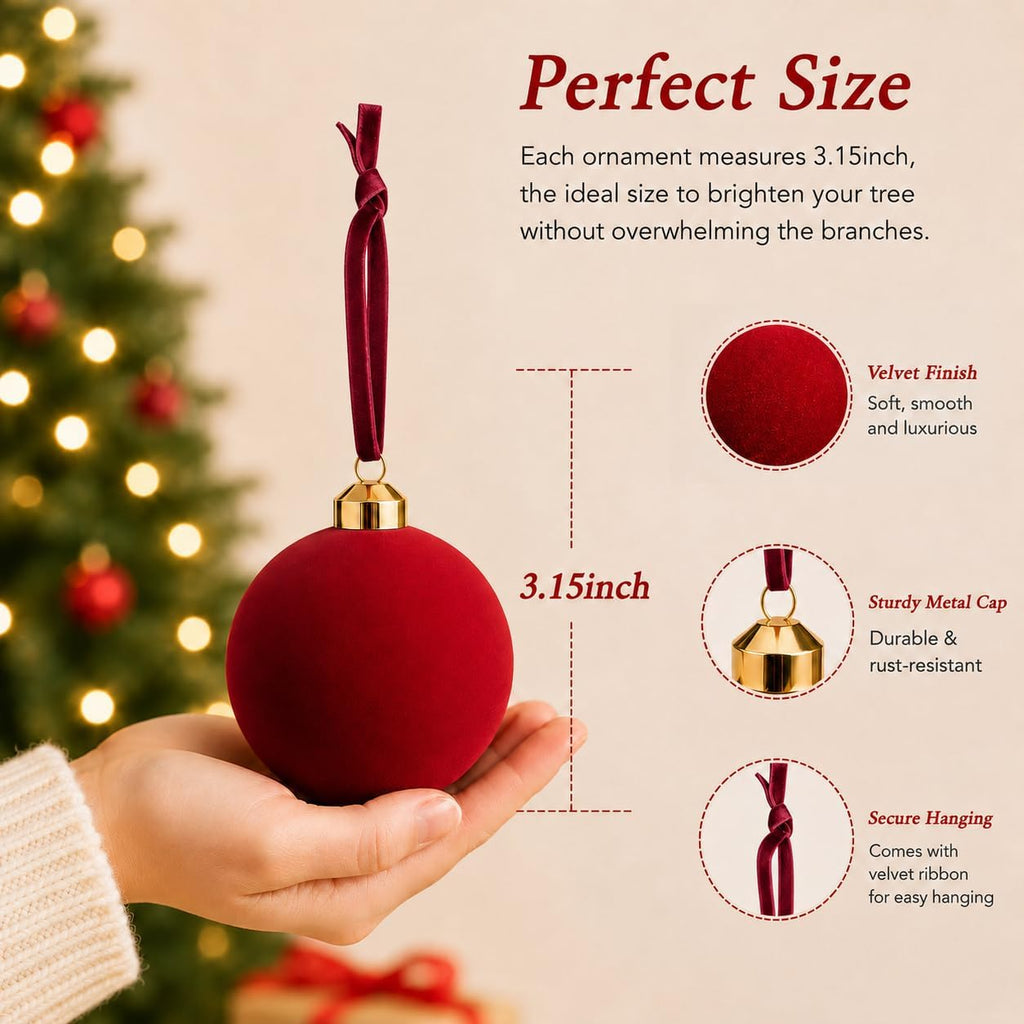 Velvet Christmas Balls Ornaments 15 Pcs, 3.15 Inch Burgundy Red Flocked Xmas Tree Ball Ornaments Shatterproof, Velvet Christmas Ornaments Set Bulk for Xmas Tree Holiday Wedding Party Decor