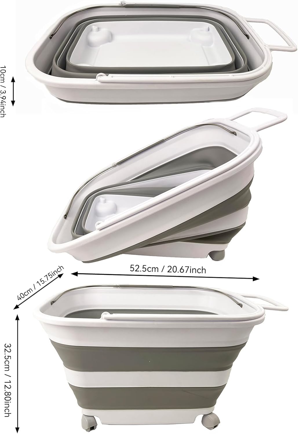SAMMART 35L (9.24 Gallons) Collapsible Plastic Laundry Basket with Handle and Wheels - Foldable Pop Up Storage Container/Washing Tub - Space Saving (1, White/Grey)