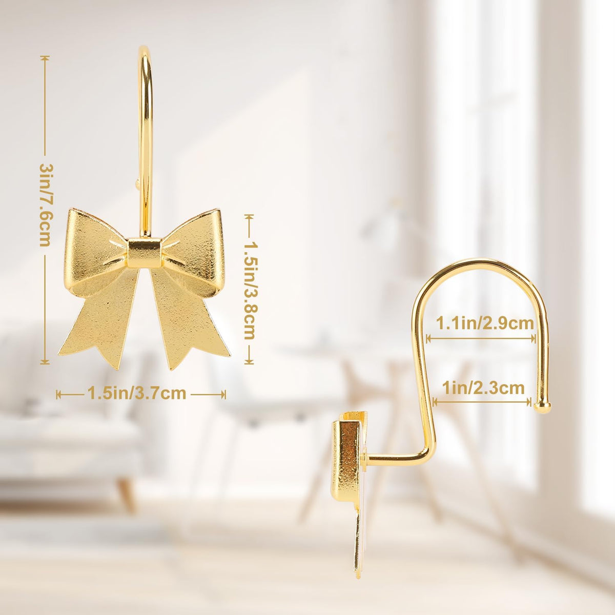 Bow Shower Curtain Hooks, 12-Pack Gold Metal Decorative Bow Knot Rings