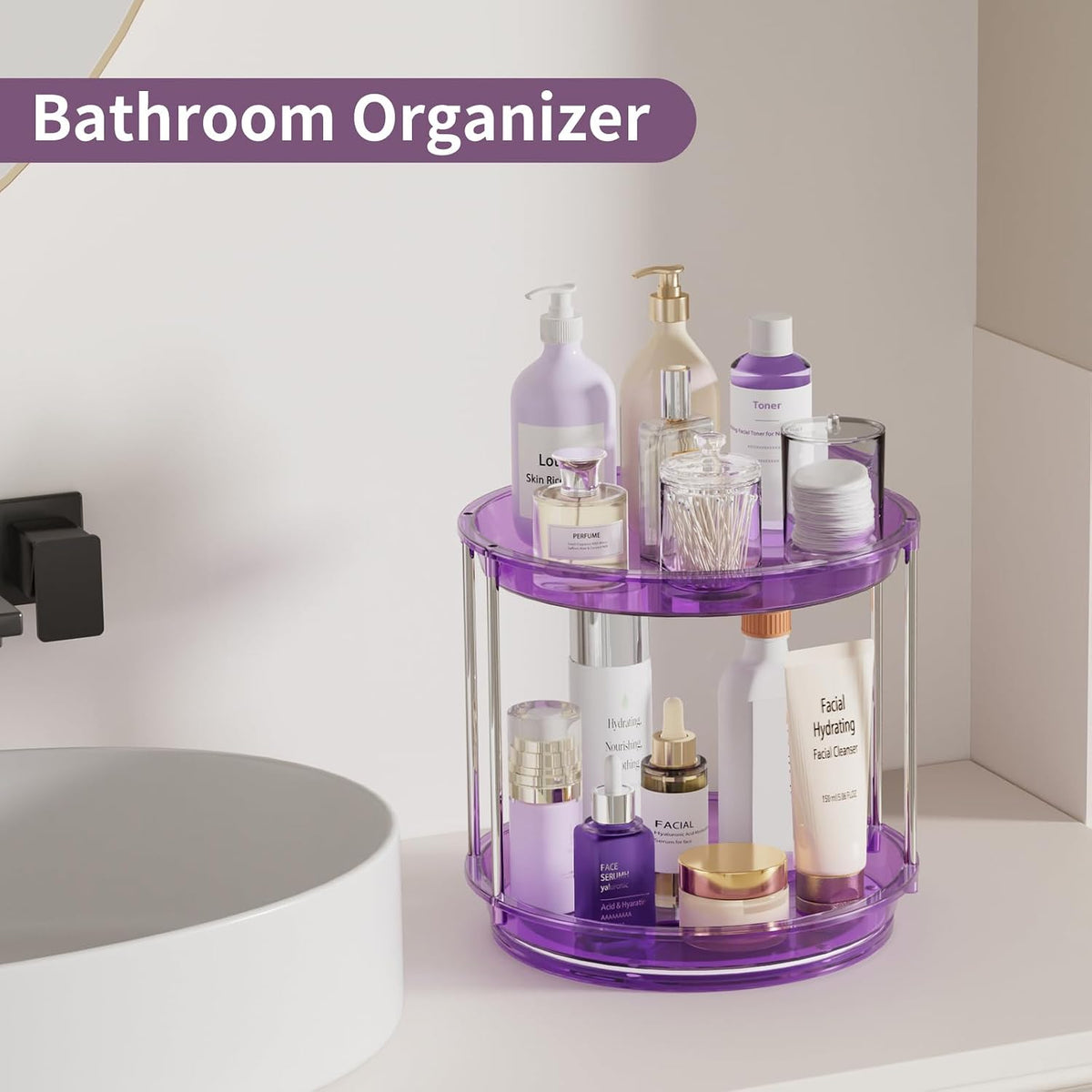 Rotating Makeup Organizer, Perfume Skincare Holder, 2 Tier 9 Inch, Purple