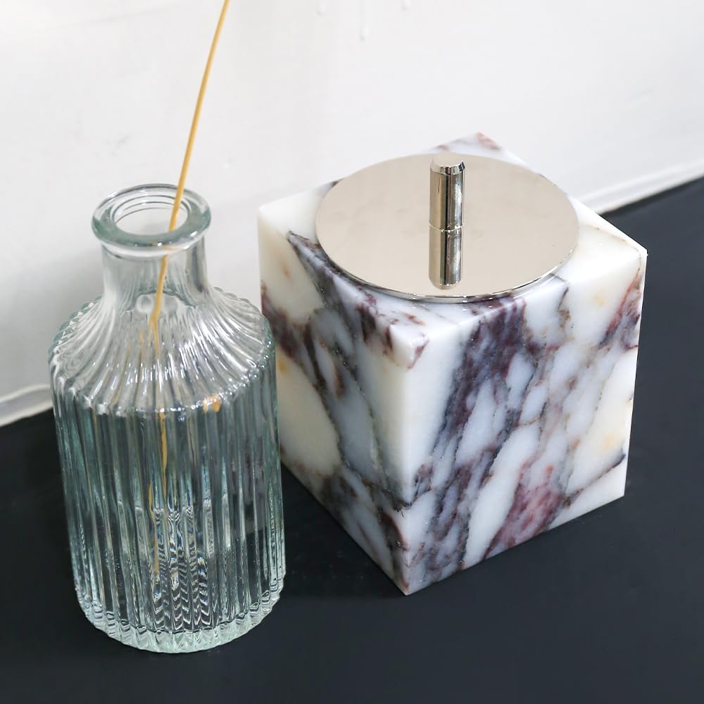 Marble Canisters Q-Tip & Square Cotton Swab Holder with Secure Lid