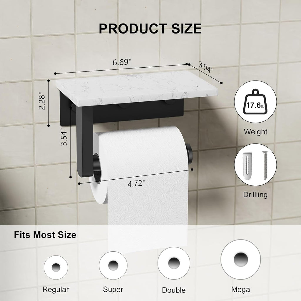 Matte Black Toilet Paper Holder with Marble Shelf Tissue Roll Holder