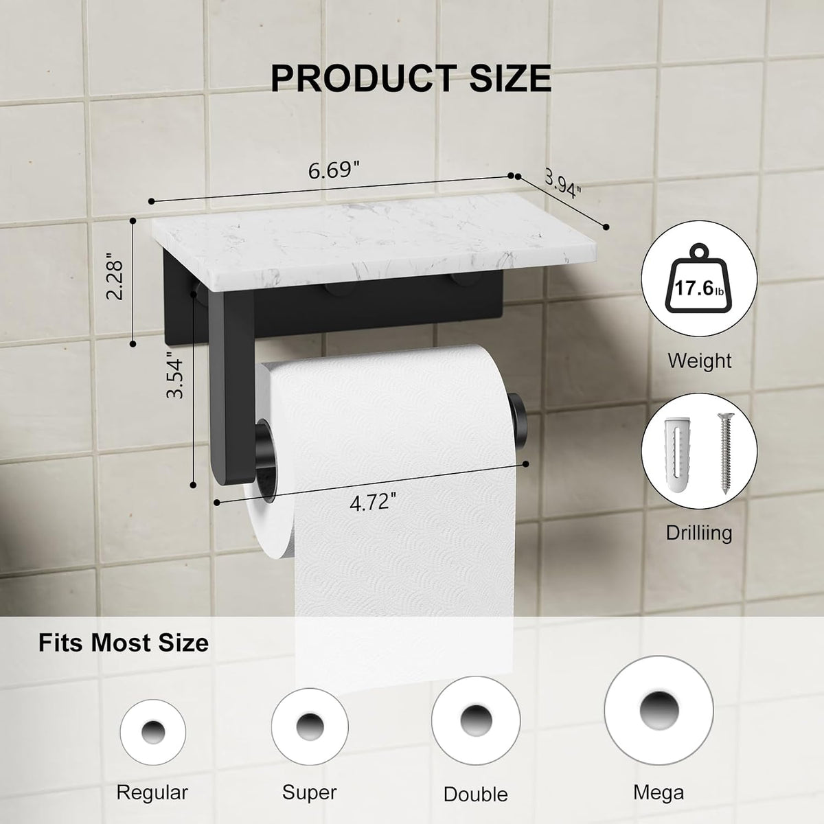Matte Black Toilet Paper Holder with Marble Shelf Tissue Roll Holder