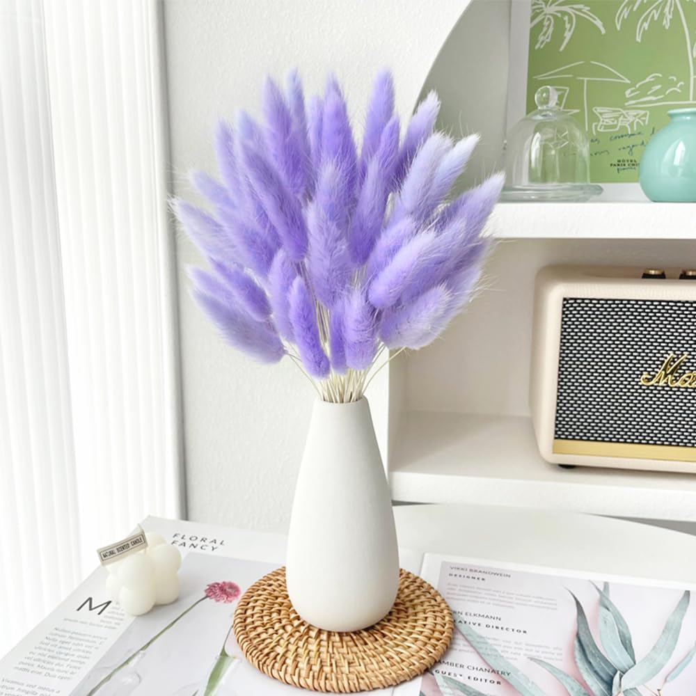 60PCS Rabbit Tail Grass Dried Flowers Dried Natural Floral (Purple)