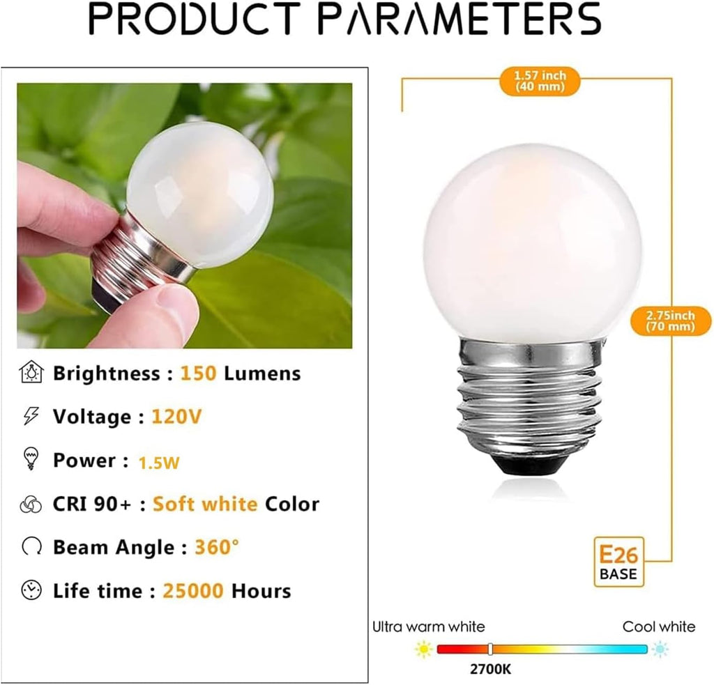 G40 E26 LED Bulbs, 1.5W Low Watt, 2700K Warm White, Night Light, 6Pack