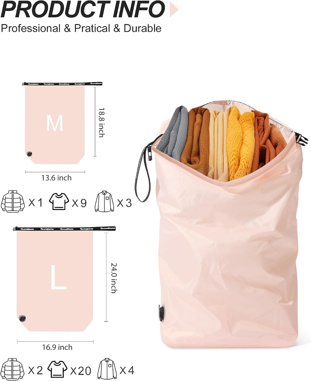 Compression Travel Laundry Bag for Dirty Clothes, Pump-Free Laundry Bag for Suitcase & Dorm, Waterproof Wet Dry Clothes Organizer, Large Capacity Space Saving Travel Bag (1 Pcs)(Pink, M)
