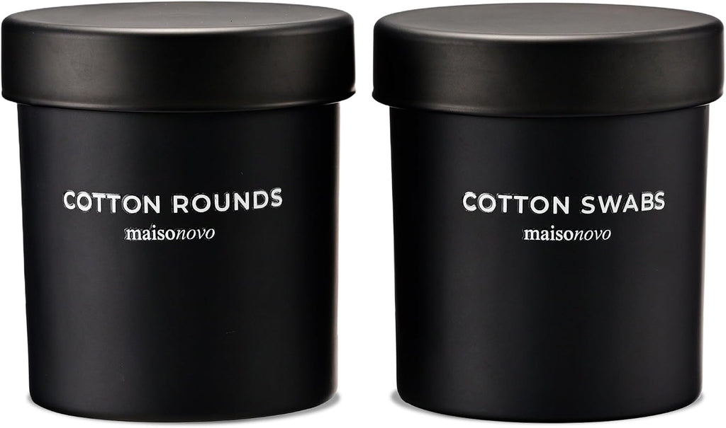MaisoNovo Glass Bathroom Containers with Lids (Airtight) - Qtip Holder - Apothecary Jars for Cotton Rounds, Swabs, Balls, Pads - Black Q Tip Dispenser - 2 pcs Bathroom Canisters Set for Organization
