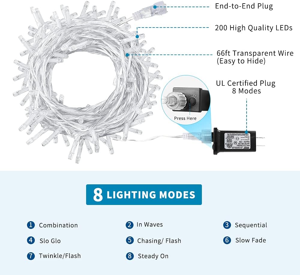 66Ft 200LED Blue Christmas Tree Lights String Light Indoor