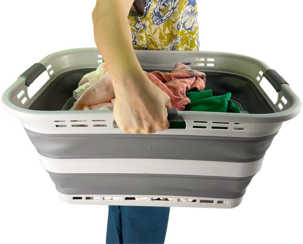 SAMMART 42L (11 Gallon) Collapsible Plastic Storage Basket - Foldable Pop Up Storage Container/Hamper - Portable Laundry Organizer - Space Saving (Grey, 42L (Style A))