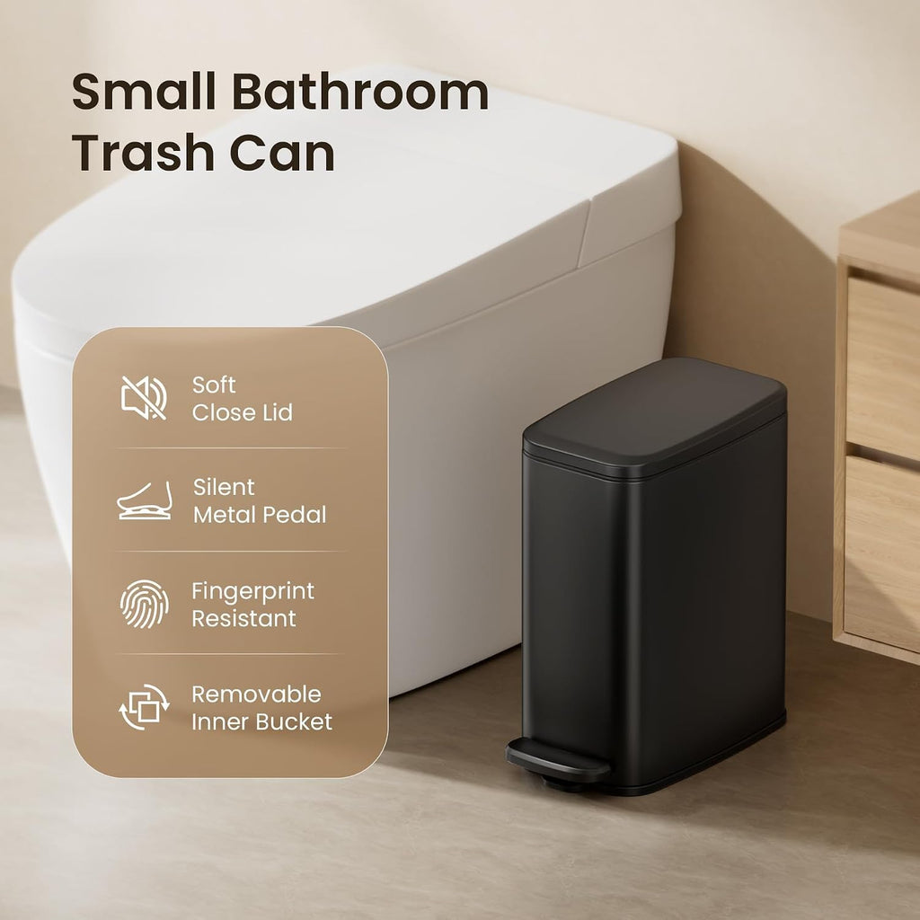 Cesun Slim Bathroom Trash Can with Lid, Soft Close, Black, 6L/1.6 Gallon