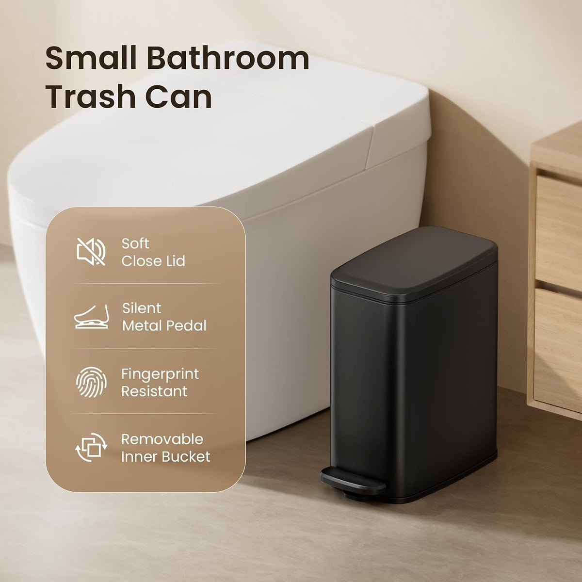 Cesun Slim Bathroom Trash Can with Lid, Soft Close, Black, 6L/1.6 Gallon