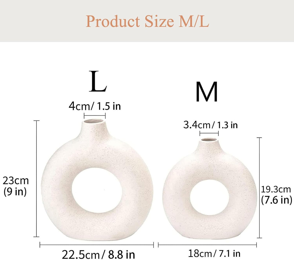 White Ceramic Donut Vase Set of 2, Big Hollow Round Matte Pampas Flower Vases for Boho Home Wedding Party Room Dinner Table Shelf Decor.