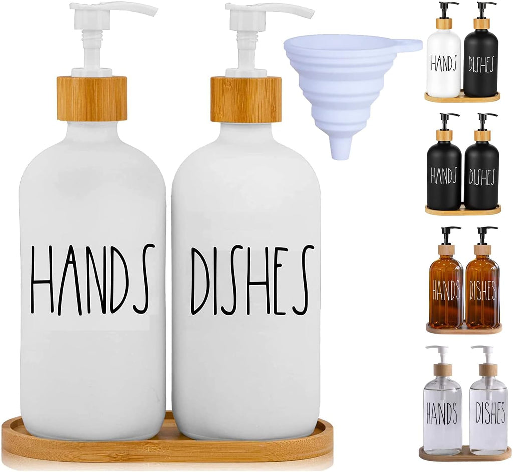 LOOCHICA Glass Soap Dispenser Set with Tray, Contains Glass Hand Soap Dispenser and Glass Dish Soap Dispenser. Matte White soap Dispenser Suitable for The Kitchen Soap Dispenser, Rustic Kitchen Decor
