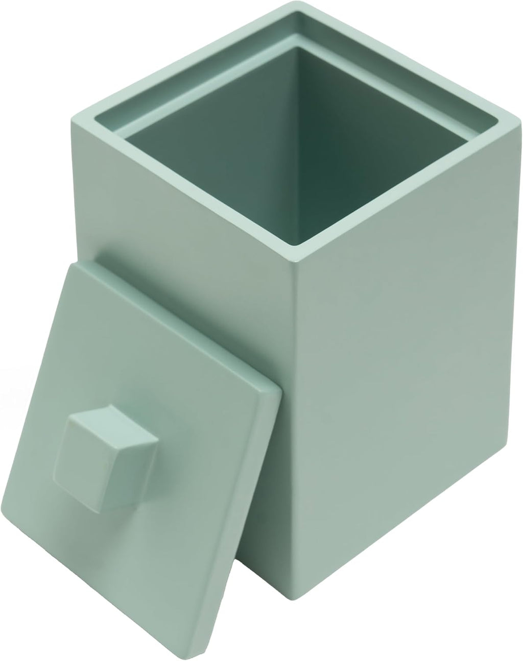 Bathroom Qtip Holder with lid, Resin Jar ,Square, Matte Green
