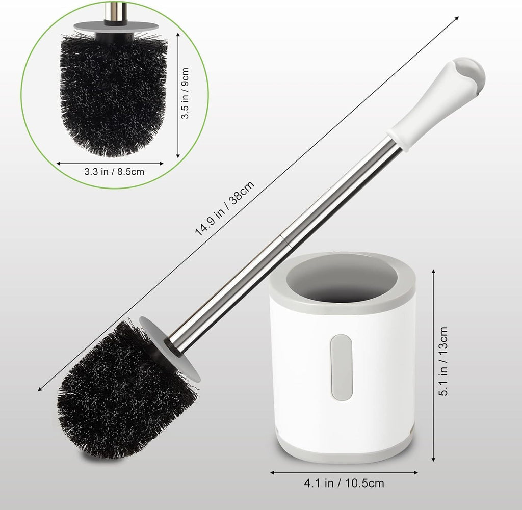 Toilet Brush and Holder Set, 3 Pack with Stainless Steel Handle Toilet Bowl Brush, Compact Toilet Scrubber Brush for Deep Cleaning Bathroom Restroom, Easy to Assemble White & Gray